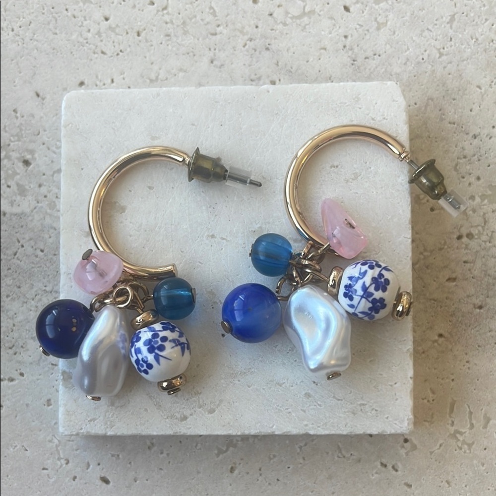 Anthropologie Gold and Blue Porcelain-Inspired Earrings